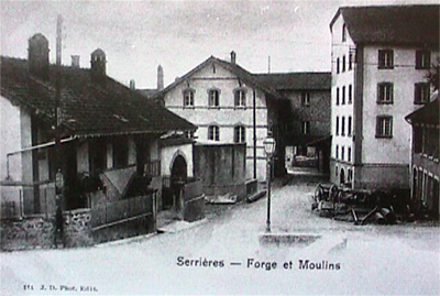 A gauche : Abattoirs et ferme Matile. A droite : forge, scierie Martenet, moulins Voegeli.